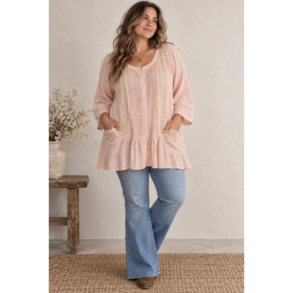 Cottagecore Fairycore Boho Pink Lace Pintuck Tunic Blouse Women's 3X Pockets